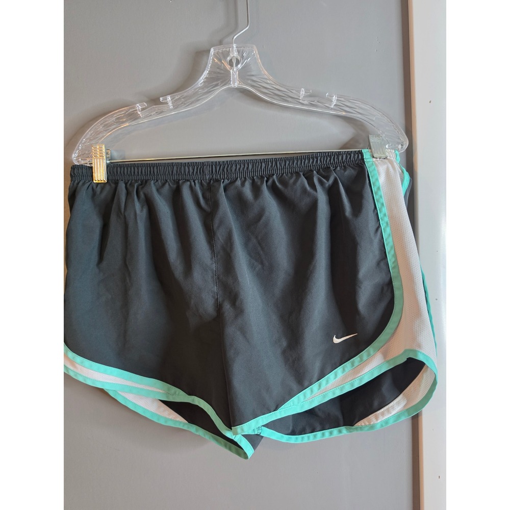 Nike Dri-FIT Running Shorts Womens Medium Gray Teal Mesh Trim Athletic Gym
